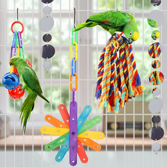 QUOZUO Small Bird Toys Parakeet Cage Accessories, Parakeet Toys, Swing Hanging Standing Chewing Toy, Bird Toys for Parakeets, Cockatiel, Parrot, 4pcs