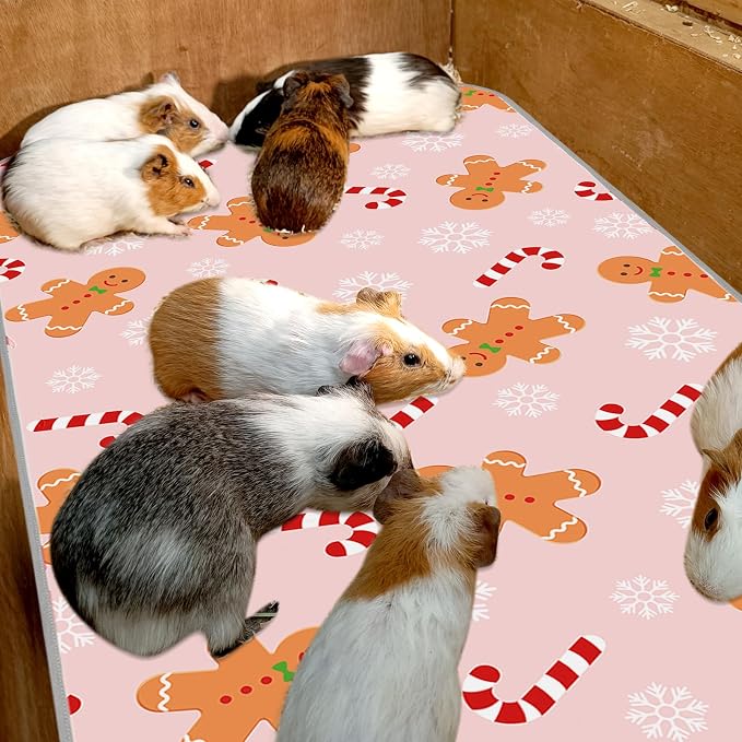 JarThenaAMCS 3 Pcs Christmas Guinea Pig Pee Pads Reusable Bunny Squirrel Mat Pink Candy Cane Gingerbread Man Washable Small Animal Cage Liner for Hamster Chinchilla Ferret Accessory, 24 x 47 in