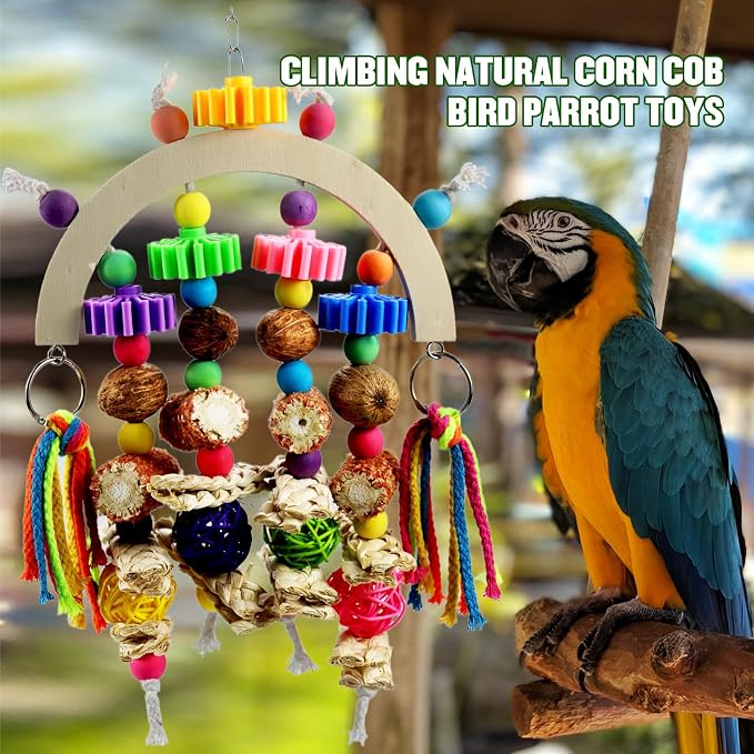 Corn cob and wooden mango combination natural wooden parrot chew toy | Colorful gear beads and ropes, safe to bite and relieve boredom, are ideal cage decorations for medium to large parrots