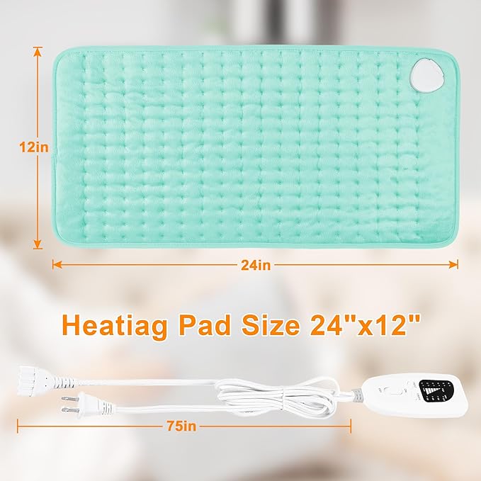Deepsoon Heating Pad,Electric Heating Pads for Back,Neck,Abdomen,Moist Heating Pad for Shoulder,Knee,Arms,Legs,Dry/Moist Heat & Auto Shut Off,Christmas Gifts for Men and Women,Light Green,24x12 Inch