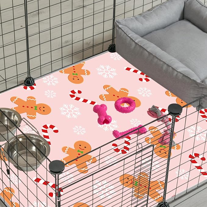 JarThenaAMCS 3 Pcs Christmas Guinea Pig Pee Pads Reusable Bunny Squirrel Mat Pink Candy Cane Gingerbread Man Washable Small Animal Cage Liner for Hamster Chinchilla Ferret Accessory, 24 x 47 in