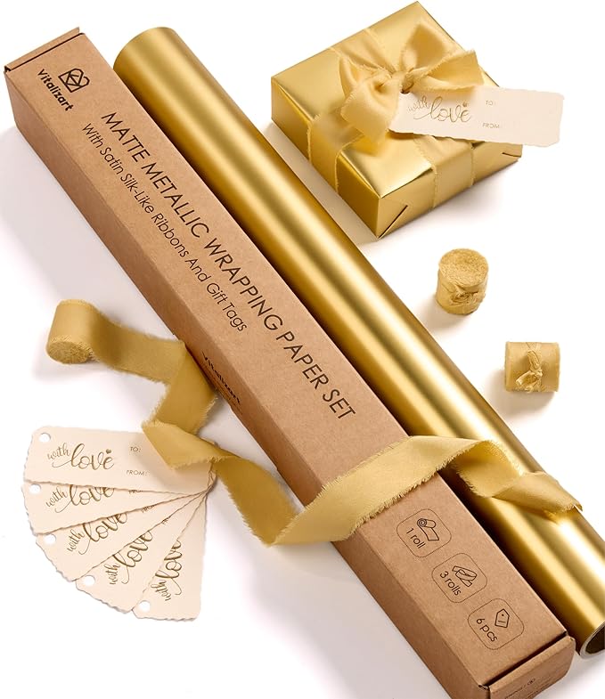 Vitalizart Gold Matte Metallic Wrapping Paper Set 17" With Silk Satin Ribbon & Gift Tags Christmas Gift Wrapping Birthday Baby Shower Wedding Bouquets Handmade Crafts 197"(16.4 Ft) Gold Ribbon