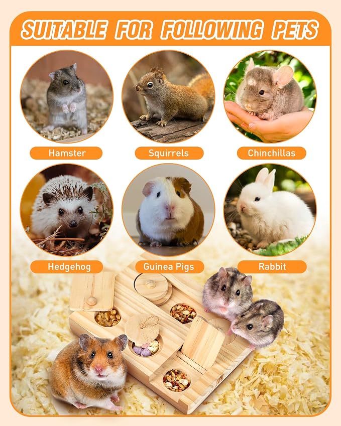 Guinea Pig Foraging Toys, 6 in 1 Hamsters Wooden Interactive Enrichment Toys, Treat Dispenser for Small Animal, for Rabbits, Bunny, Chinchillas, Rats and Gerbils