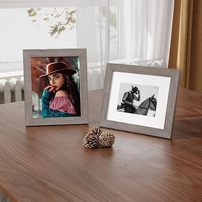 Fun Memories Picture Frame 8x10 - Real Tempered Glass, Solid Wood Photo Frame, Display 5x7 With Mat or Without Mat, Rustic Frame for Wall or Tabletop, Grey, 1 Pack