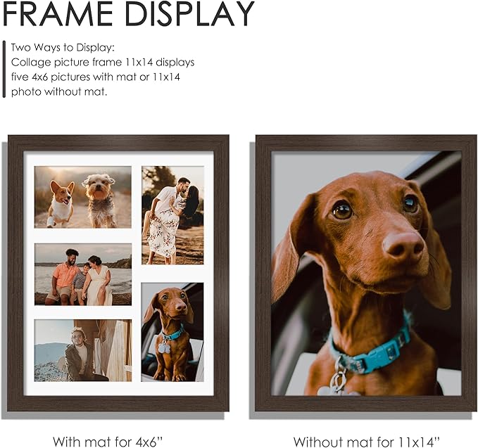 11x14 Collage Picture Frame, 4x6 Collage Picture Frame, Displays Five 4x6 inch Photos, or 11x14 (Without Mat) Wall Decor Wall Hanging or Tabletop, Walnut.
