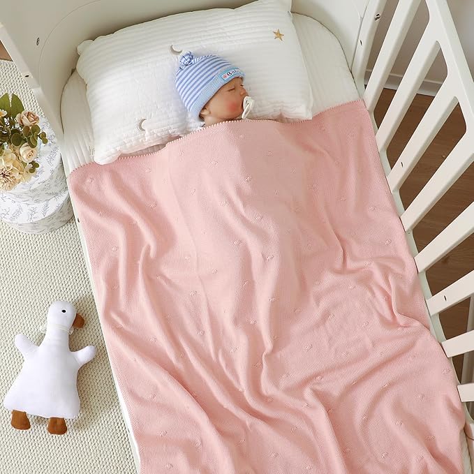 Neiwech Cotton Baby Blanket Knit Soft Cozy Lightweight Crib Stroller Nursery Receiving Swaddling Blankets for Newborn Infants Boys Girls Pink 30x40 Inch