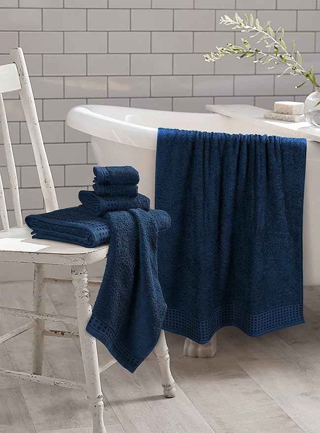 GLAMBURG 100% Cotton Ultra Soft 6 Pack Towel Set, Contains 2 Bath Towels 28x55 Inches, 2 Hand Towels 16x24 Inches & 2 Wash Coths 12x12 Inches, Compact Absorbent Lightweight & Quickdry - Mineral Blue