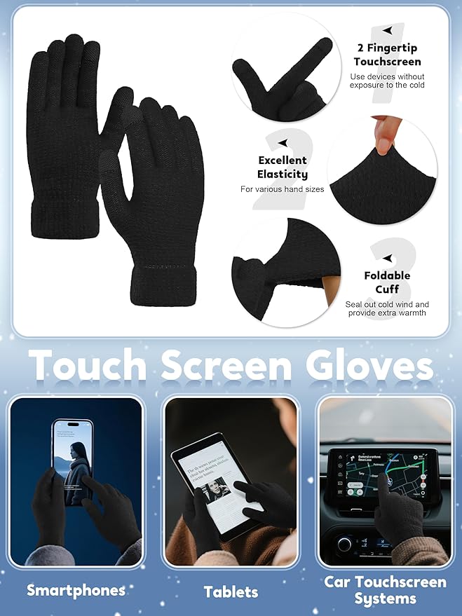 URATOT 4-In-1 Winter Warm Sets Knitted Scarf Touch Screen Gloves Beanie Pompom Hat and Winter Ear Warmer for Men or Women