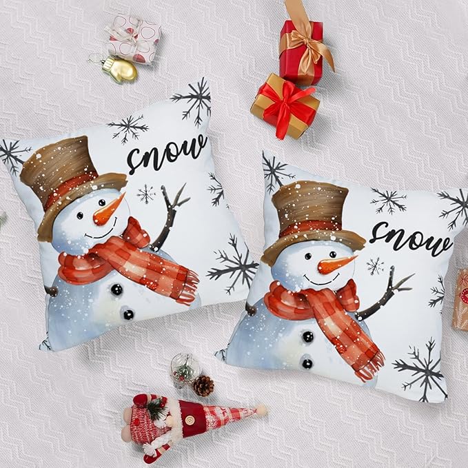 Fukeen 2 Pack Waterproof Outdoor Winter Pillow Covers 18x18 Inch White Snowman Snowflake Throw Pillow Cases Snow Christmas Farmhouse Decorations Cushion Cover Double Sided