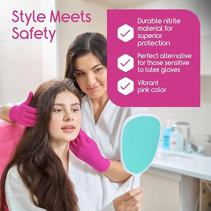 Inspire Pink Gloves Disposable Latex Free | Nitrile Pink Glove Hair and Nail Salon, Esthetician Nitrile Disposable Gloves