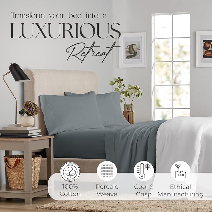 Supreme Elegance Twin Sheets Set – Natural 100% Cotton Percale Twin Bed Sheet, Oeko-tex Made in Green Sustainable, Cooling Crisp Bedding with Deep Pockets, Soft Breathable Hotel Quality, Charcoal Gray