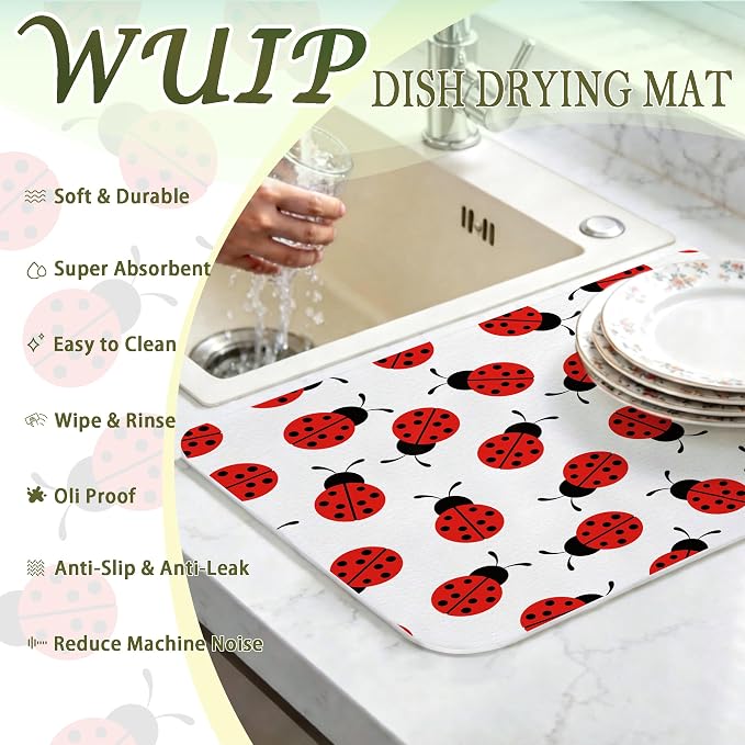 Red Ladybug Dish Drying Mats for Kitchen Counter, Ladybug Themed Gifts, Cute Lady Bug Absorbent Reversible Coffee Bar Mat Drying Pad for Kitchen Decor, 12x15 Inch