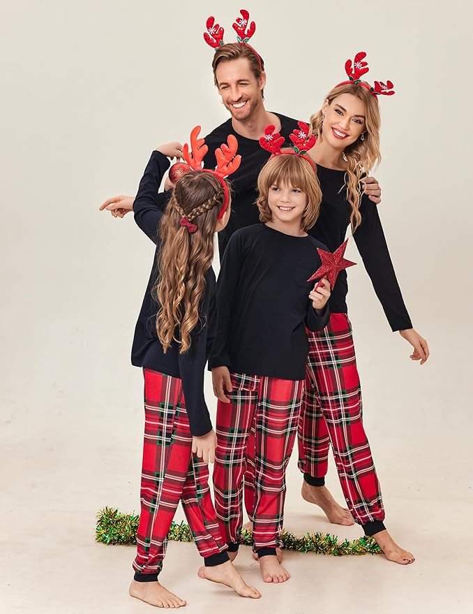 Ekouaer Family Matching Pajamas Christmas Sleepwear Long Sleeve Sleep Shirt with Plaid Pants Soft Loungewear Pjs Set S-XXL