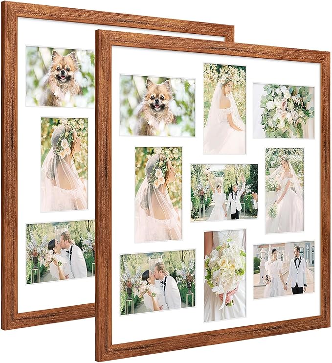 17x17 Collage frame with 9 Openings 4X6 Pictures, Multiple Picture Frame with Mat, Wall or Tabletop Decor, Carbonized Brown Wood Grain,2 Pack
