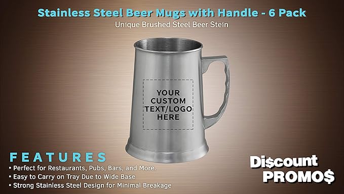 Custom Stainless Steel Beer Stein Mug 13.5 oz. Set of 6, Personalized Bulk Pack - Great for Restaurant, Brewery, Pub - Silver