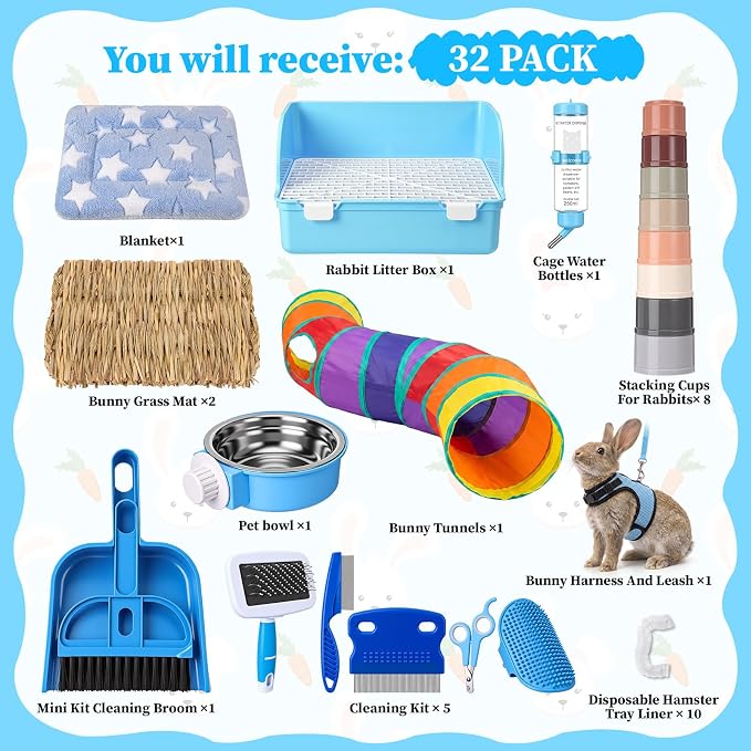 34 Pcs Rabbit Starter Kit Rabbit Litter Box Small Animal Water Bottle Cups Bunny Tunnels Animal Grooming Kit Bowl Blanket with Cleaning Set for Guinea Pig Bunny(Style 3,Light Blue)