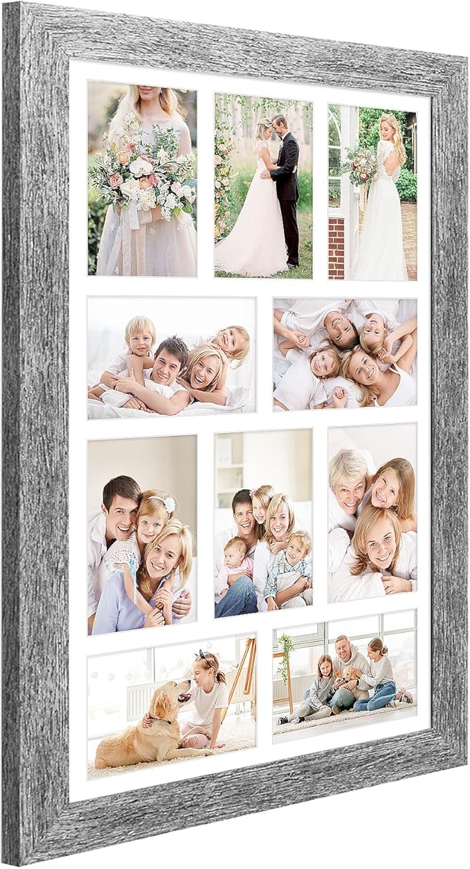 13x21 Picture Frame Display 10 opening 4X6 Picture Frame Collage,Multi Photo Frame with Mat,Plexiglass,Wall Mount Decor,Grey Wood Grain