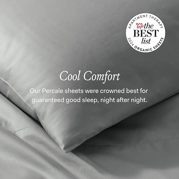 BOLL & BRANCH Percale Hemmed Sheet Set - Cooling Breathable Bed Sheets for Hot Sleepers - Twin XL, Pewter - Luxury 100% Organic Cotton - 1 Flat, 1 Fitted, 2 Pillowcases