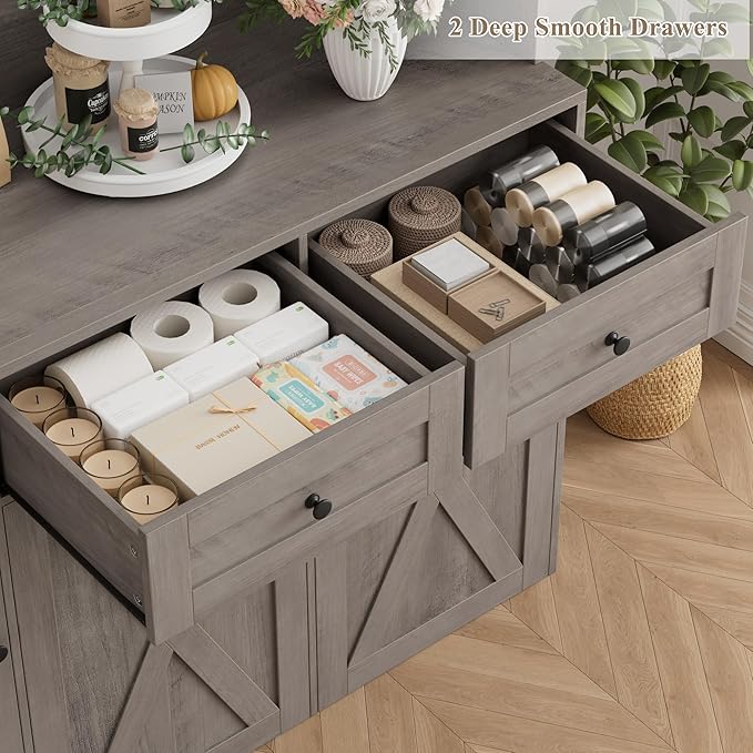 HOSTACK 12.5 Gallon Kitchen Trash Cabinet, 47" Double Trash Can Cabinet, Large Pull Out Can Storage Drawers, Wood Farmhouse Hidden Garbage Storage Buffet for Kitchen, Dining Room, Ash Grey