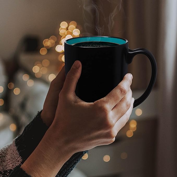 DISCOUNT PROMOS 10 Java Two Tone Coffee Mugs Set, 12 oz. - Stoneware, Durable, Easy Grip - BLACKTEAL