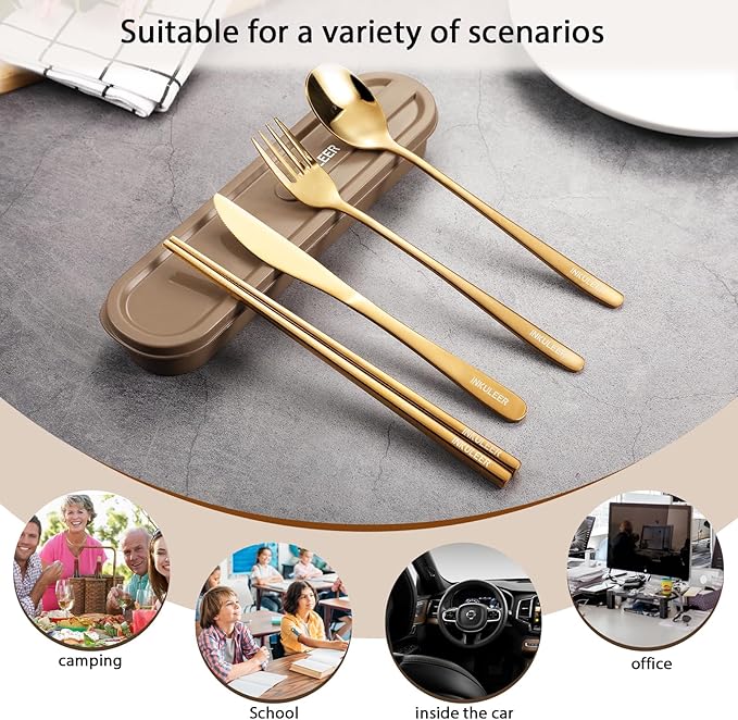 Travel cutlery set, 18/8 stainless steel cutlery, Reusable utensils set with case, Portable Silverware Lunch Box for Camping and Office (Rose Gold)
