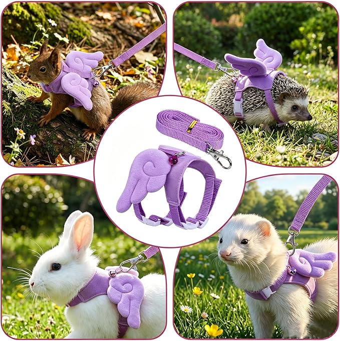 Ferret Harness and Leash Set Small Animals Vest Harness Soft-Harness Leash Vest Set with Bell Guinea Pig Clothes for Baby Ferret Rats Hamster Teacup Chihuahua Mouse Small Pet (Purple)
