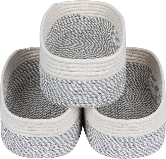 CubesLand Small Baskets, Storage Baskets for Organizing Shelves, Rectangular Woven Storage Basket Natural Cotton Rope Bins Closet Baby Nursery Empty Gifts Basket Off White/Mixed Gray