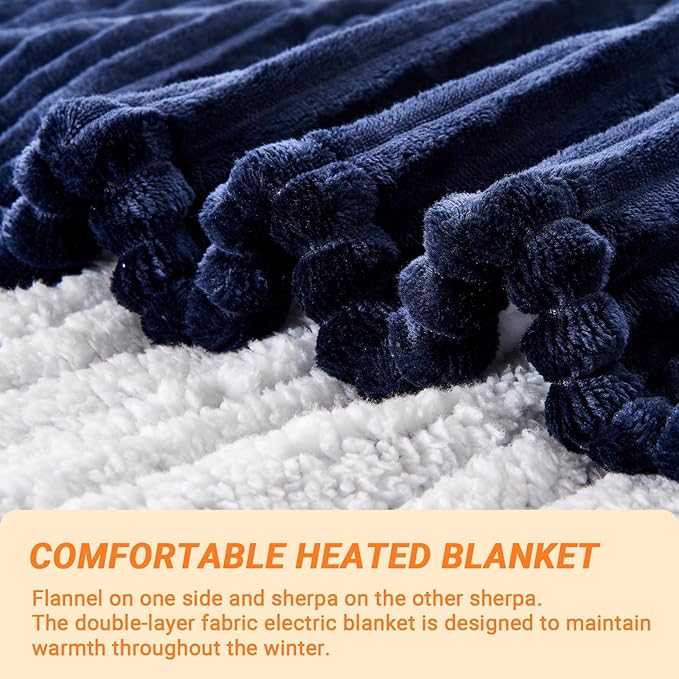 Heated Blanket Electric Full, Soft Flannel Heating Blanket with 8 Hours Auto Off 10 Fast Heating Levels Machine Washable Sherpa Heated Blanket with Overheating Protection