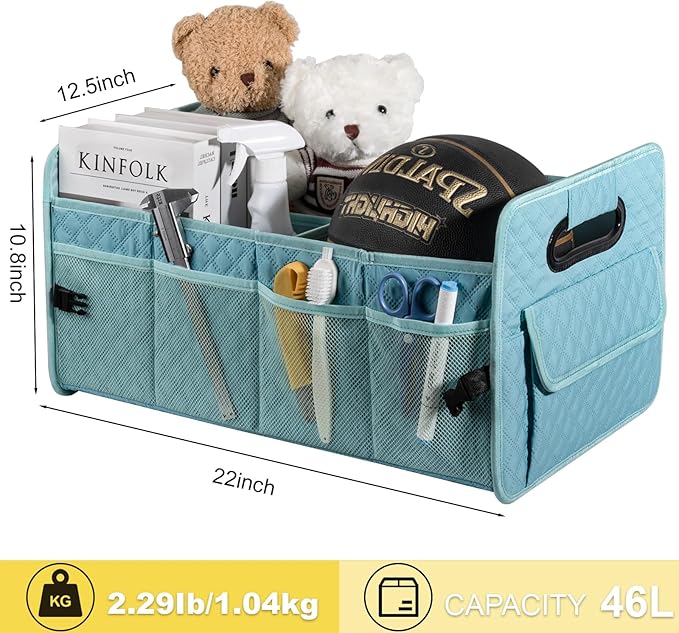 JiatuA Car Trunk Organizers and Storage for SUV, Collapsible Multi Compartment Container Box Adjustable Car Accessories for Women Men, Lake Blue