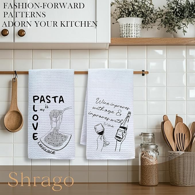Funny Pasta Wine Kitchen Towels, Wine Gifts for Women Men Dish Tea Towels for Kitchen Bar Cart, Gifts for Pasta Lovers Decorative Hand Towel, 16x24 Inch Set of 2