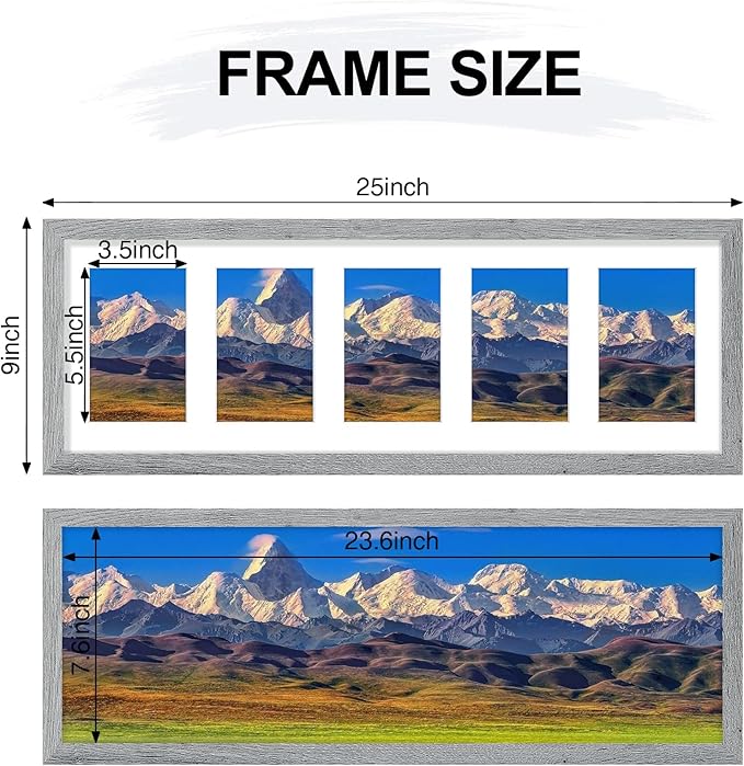 Vittanly 8x24 Collage Picture Frame, Displays 5Pcs 4x6 Pictures with Mat or 1Pcs 8x24 without Mat, Picture Frames Collage Wall Decor for Horizontal or Vertical Display, Grey, 1 Pack