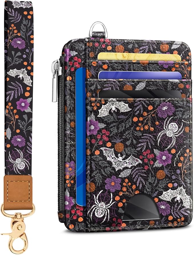 Kelvoris Credit Card Holder Small Wallet Women, Slim RFID, Bat Spider Goth | Keychain, Zipper Coin Pocket, Front Pocket Thin Travel Card Case, Minimalist, 6 Card Slots, 1 ID Window, Ladies Gifts Woman