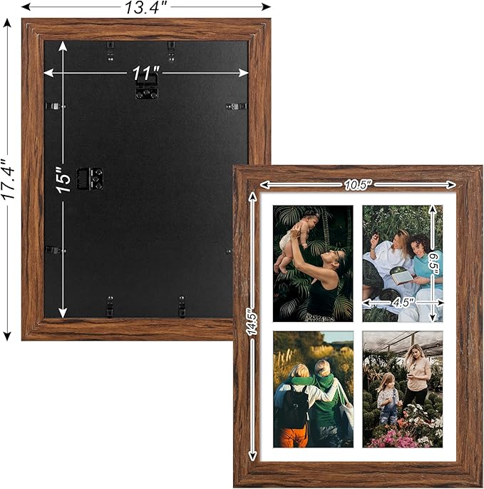 11x15 Picture Frame Display 4 opening 5x7 Picture Frame Collage,Multi Photo Frame with Mat,Plexiglass,Horizontal and Vertical Formats for Wall Decor,Carbonized Brown Wood Grain