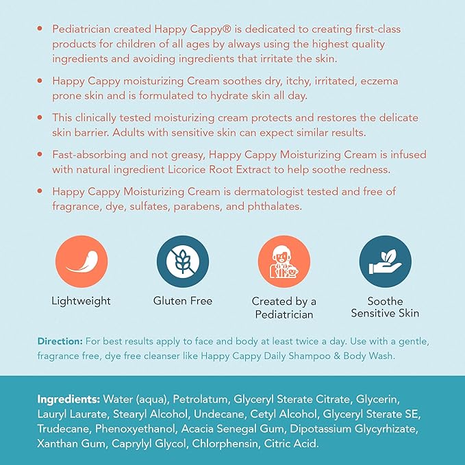 Happy Cappy Moisturizing Cream - Baby Cream for Eczema-Prone Skin, Dry Skin Lotion for Infants, Toddlers & Kids, Pediatrician-Formulated, Gentle, Paraben Free, Hypoallergenic, Sulfate Free - 12 fl oz