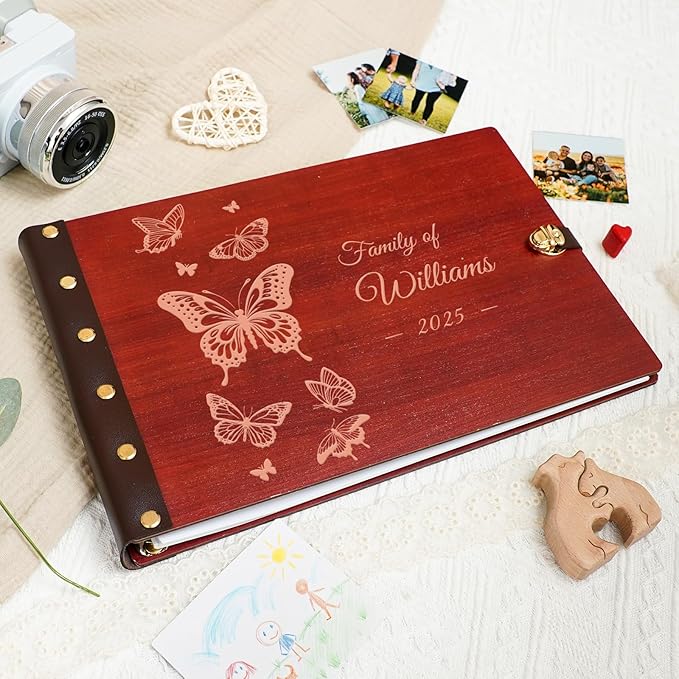 Personalized Wooden Memory Book, Photo Album 4x6 with Writing Space, DIY Family Photo Album Binder, Wedding Scrapbook Engagement Photo Book for Custom Honeymoon Gift