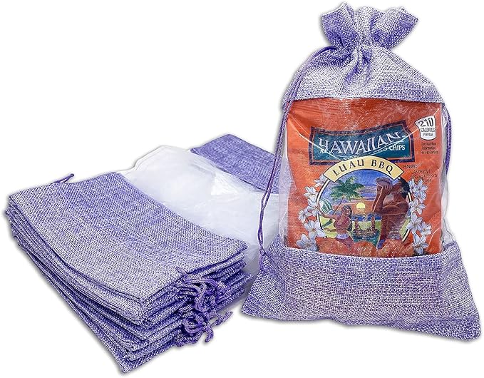 48-Pack X-Large Linen Burlap & Organza Gift Bags w. Drawstrings (7.5x11.5 in, Lavender) - Party Favors, Presents, Samples & Treats Mesh Pouch by The Display Guys