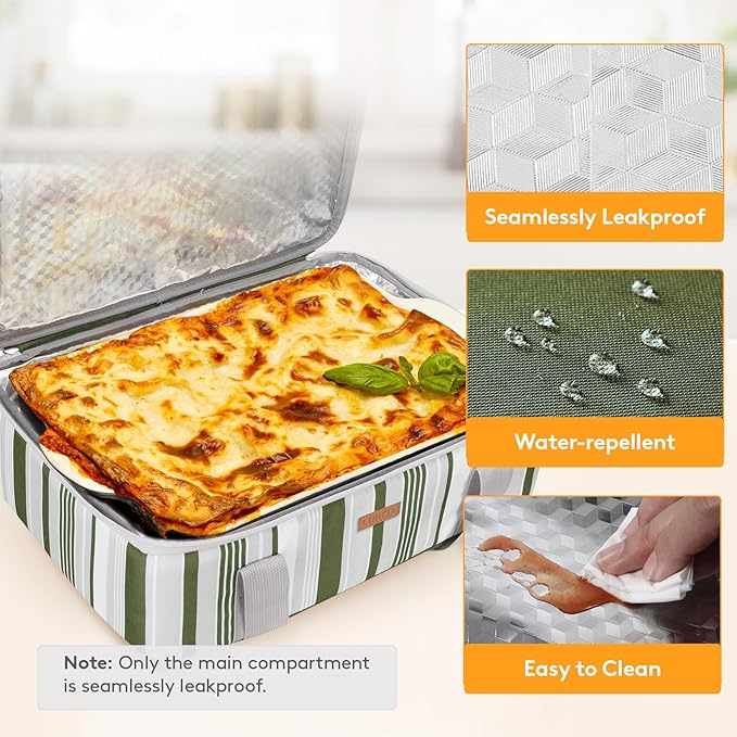 LUNCIA Insulated Single Decker Casserole Carrier, Lasagna Lugger Tote Keeps Food Hot or Cold, Thermal Lunch Bag for Potluck Parties, Picnic and Cookouts, Fits 9" x 13" Baking Dish, Dark Green