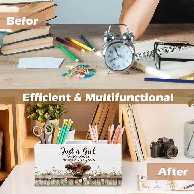 DILSJ Highland Cow Decor Pen Pencil Holder Organizer for Desk, Highland Cow Gifts for Women, Just a Girl Who Loves Cows Wooden Box Signs for Home Office Desk Tabletop Decoration