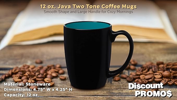 DISCOUNT PROMOS 10 Java Two Tone Coffee Mugs Set, 12 oz. - Stoneware, Durable, Easy Grip - BLACKTEAL