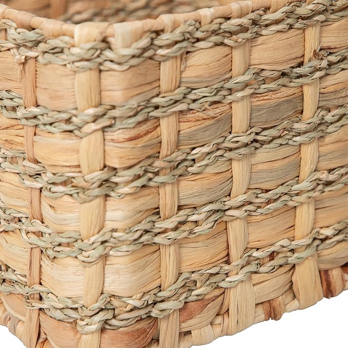 Handmade Square Water Hyacinth and Seagrass Storage Basket - Artisan Woven Rustic Organizer with Metal Frame for Home Decor, Shelf, and Closet (Small(10.6"x10.6"x6.7"H))