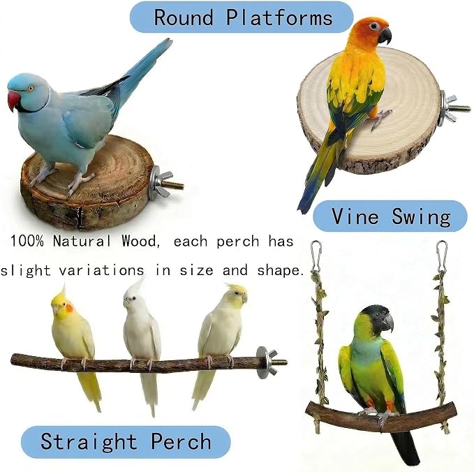8PCS Bird Perches for Cage, Natural Wood Stands for Small Parrots | Bird Cage Accessories: Natural Wood Perches Set for Cockatiels, Conures, Lovebirds, Budgies. Easy Install, Safe for Chewing