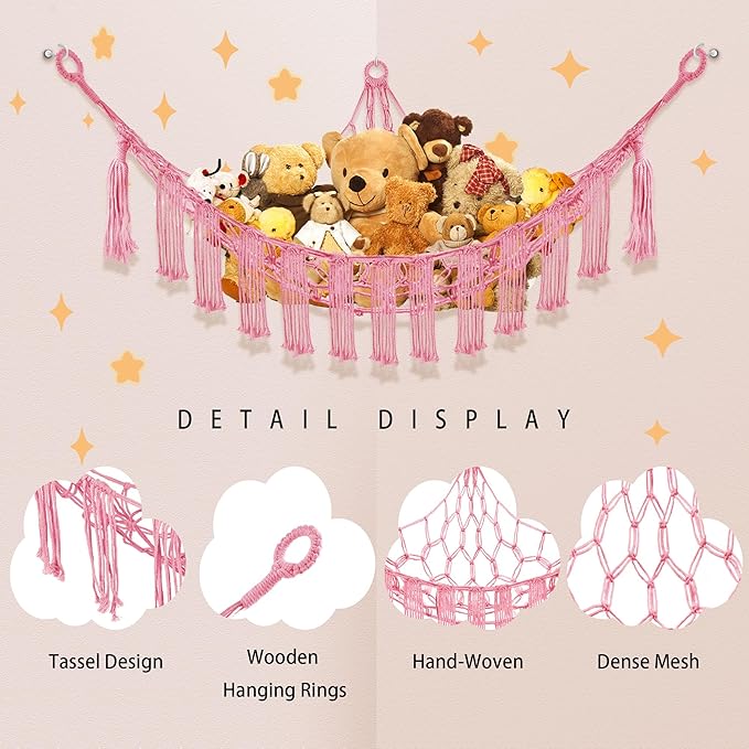 CERETIA Stuffed Animal Hammock with LED Light, Large Stuffed Animals Storage Corner Plushie Net for Kids Room Decor, 2 Packs Pink