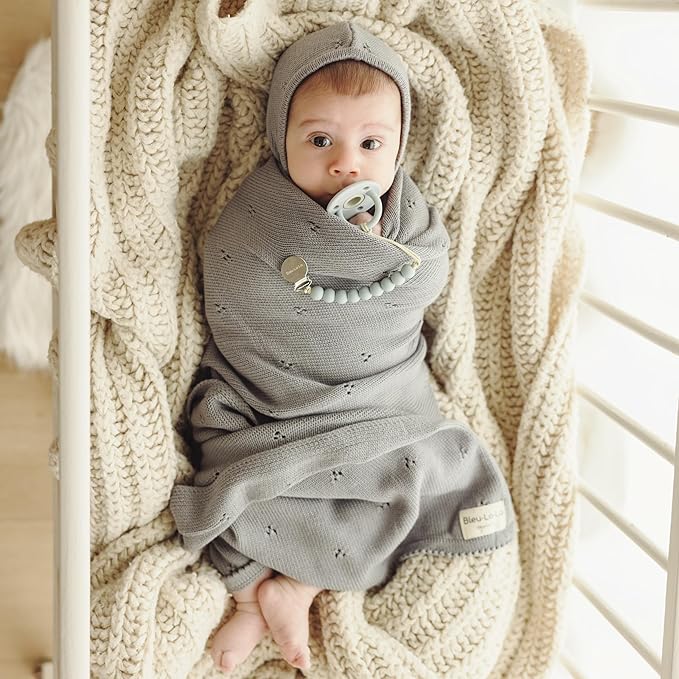 Organic Pointelle Baby Blanket + Hat Gift Set for Boys & Girls - 100% Soft Luxury Cotton Swaddle Blanket + Bonnett Registry for Newborns & Infants (Dove Grey + Hat)