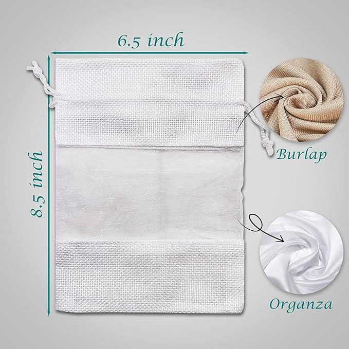 48-Pack Large Linen Burlap & Organza Gift Bags w. Drawstrings (6.5x8.5 in, White) - Party Favors, Presents, Samples & Treats Mesh Pouch by The Display Guys