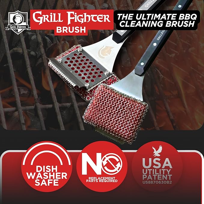 Grill Brush, Steel Bristle-Free BBQ Grill Cleaner with SteelCloth™ Stainless Steel Chainmail, Ergonomic Handle for Cast Iron, Stainless Steel & Porcelain-Coated Grates, 1 Pack