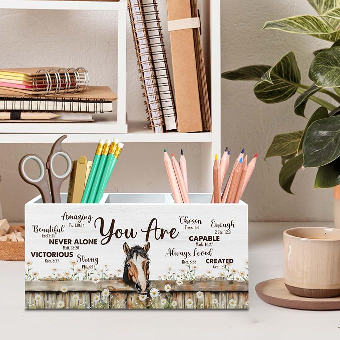 DILSJ Inspirational Horse Pen Pencil Holder Organizer for Desk, Horse Gifts for Women, Be Kind Be Brave Decor Wooden Box Signs for Home Office Desk Tabletop Decoration