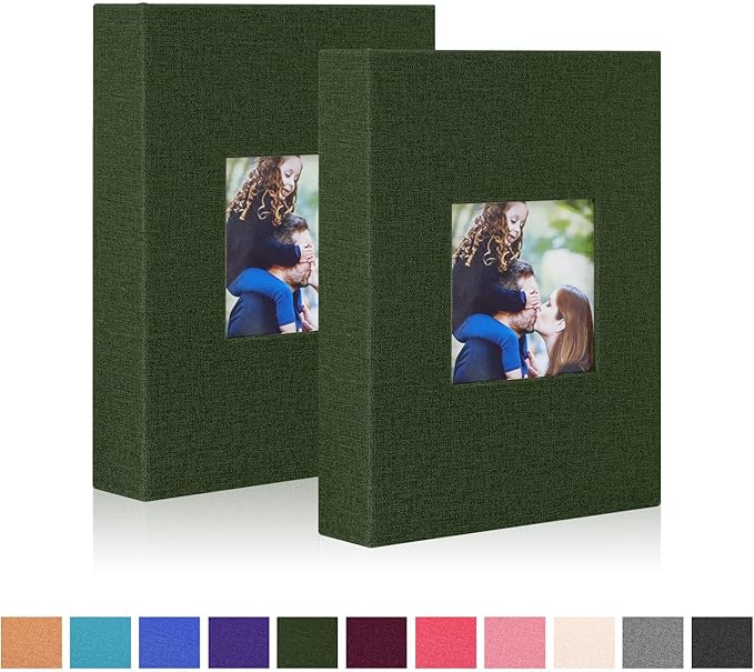 Ywlake Photo Album 4x6 100 Pockets 2 Packs, Small Mini Capacity Linen Photo Album Bulk Sets, Each Pack Holds 100 Top Loader Vertical Only Picture for Kids Boy Girls Green