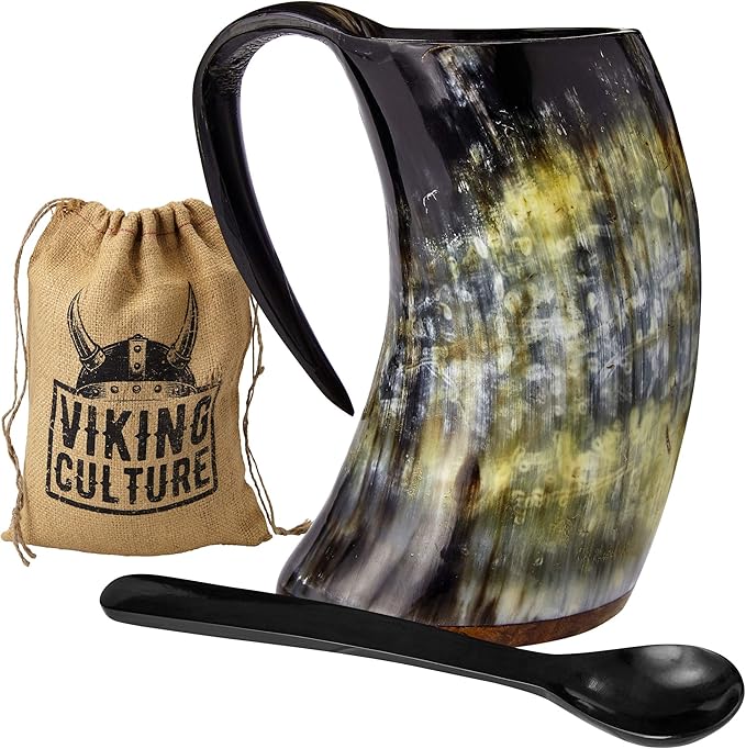 Viking Culture - Hot Viking Horn Mug with Spoon and Bag, 2 Pc Set, Horned Handle with Rustic Natural Finish, Safely Holds Hot and Cold Tea, Coffee, Cocoa, Wine, Beer or Mead