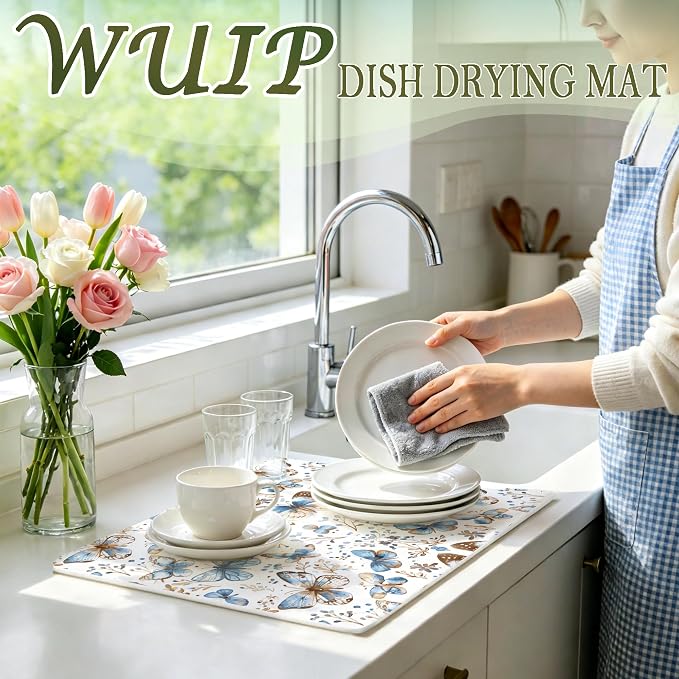 Blue Butterfly Dish Drying Mats for Kitchen Counter, Butterfly Gifts for Women, Blue and Brown Absorbent Reversible Coffee Bar Mat Drying Pad for Kitchen Decor, 12x15 Inch