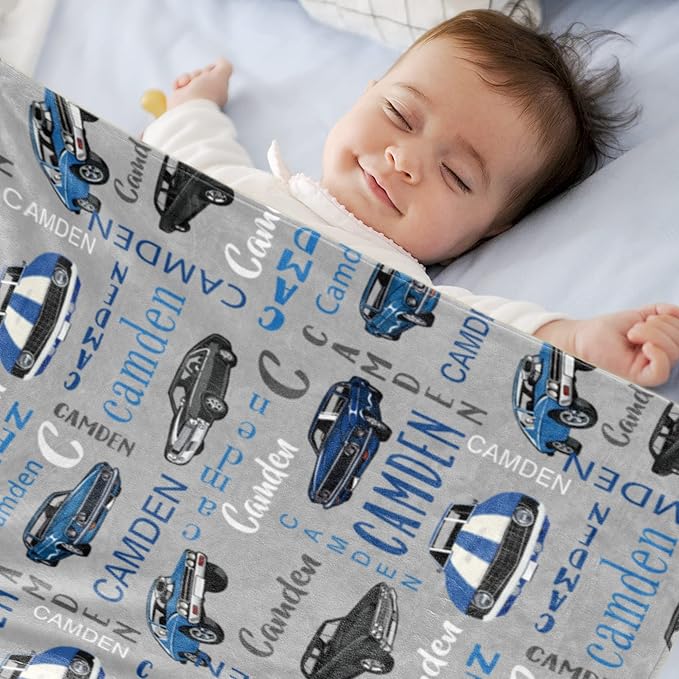 Personalized Car Blanket with Name for Boys, Custom for Kids, Soft Flannel Toddler Customized Gift for Birthday Christmas Baby Shower Newborn 30'' X 40'', 2-car Gray, 30''x40'' for baby